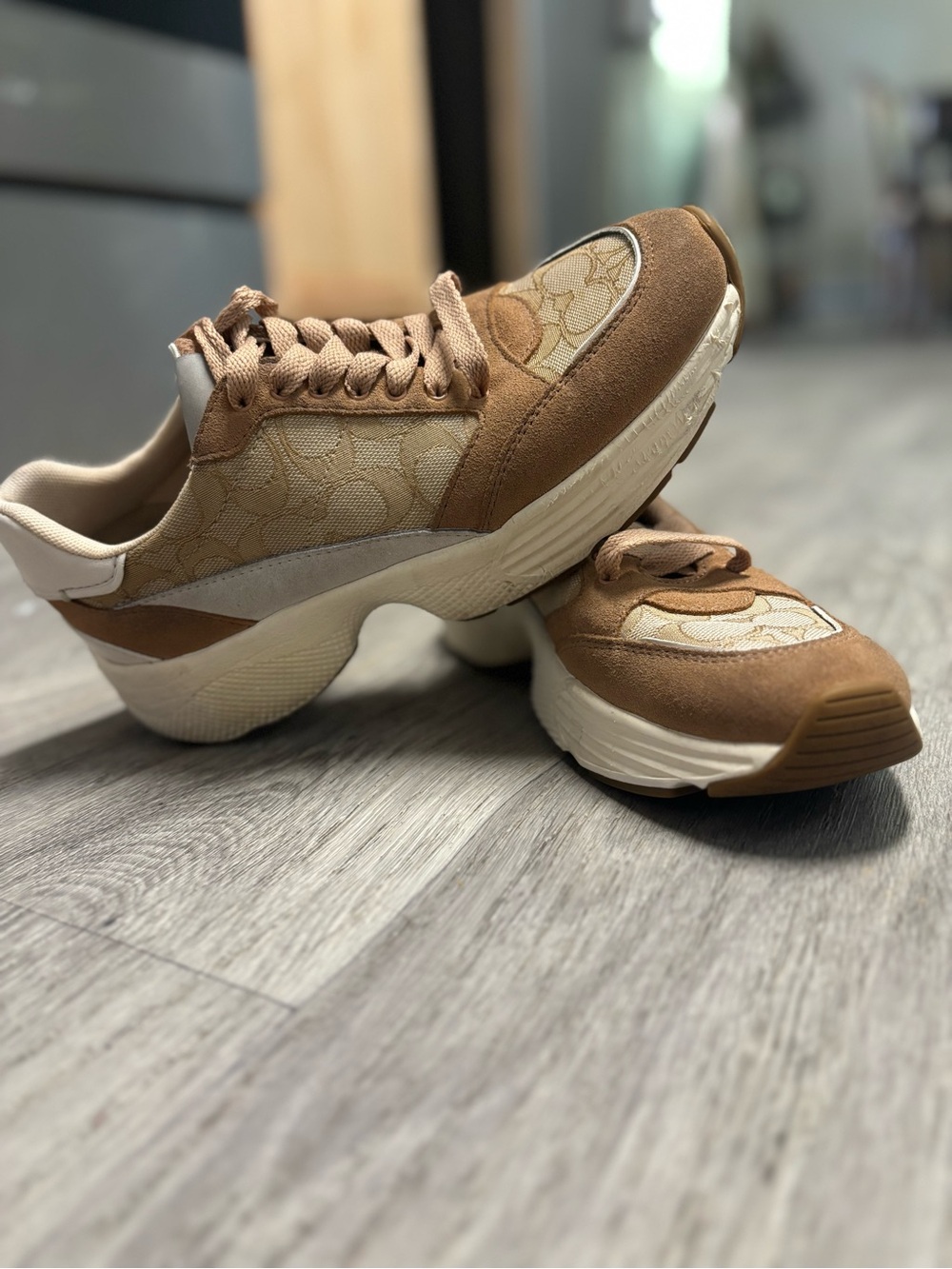 Coach Women's Chunky Sneakers in Tan and Cream size 7.5